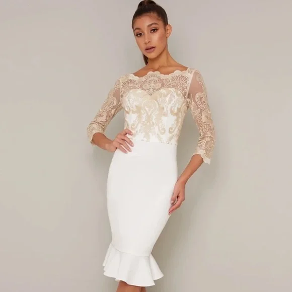 Chi Chi London | Dresses | Nwt White Gold Chi Chi London Embroidered  Bodycon Peplum Dress In Cream | Poshmark